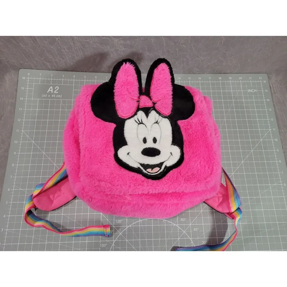 Disney‎ Store Minnie Mouse Small BACKPACK Fluffy Pink Exterior Rainbow Staps